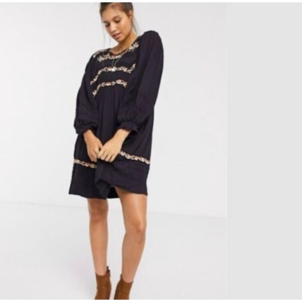 NWT Free People Pasadena Embroidered Long Sleeves Mini Plum‎ Dress ( XS )